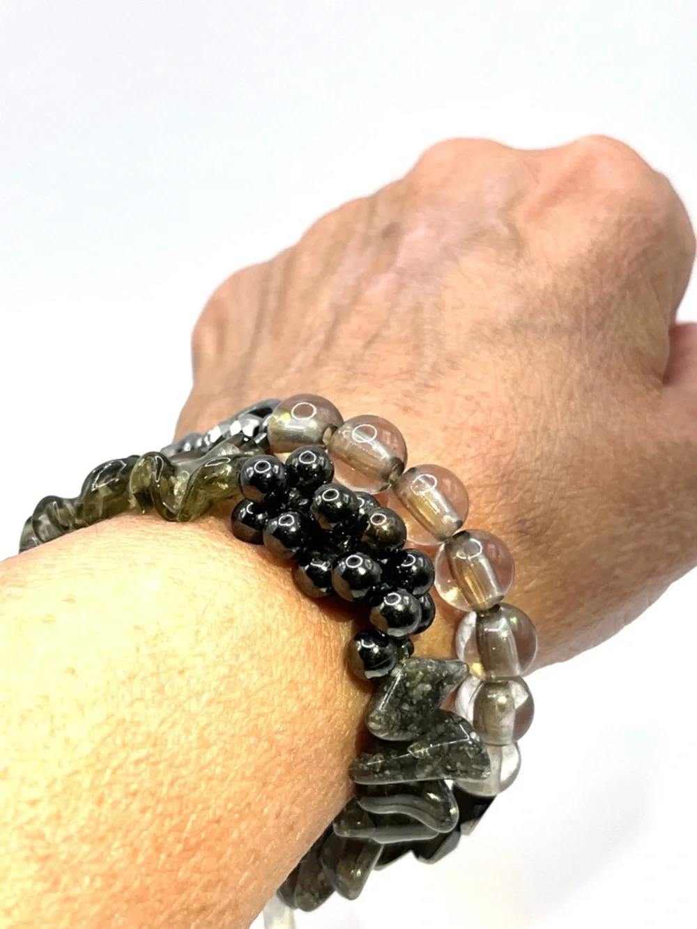 Treska Gray Beaded Silver Stretch Double Bracelet Set Gray Gun Metal Bracelets